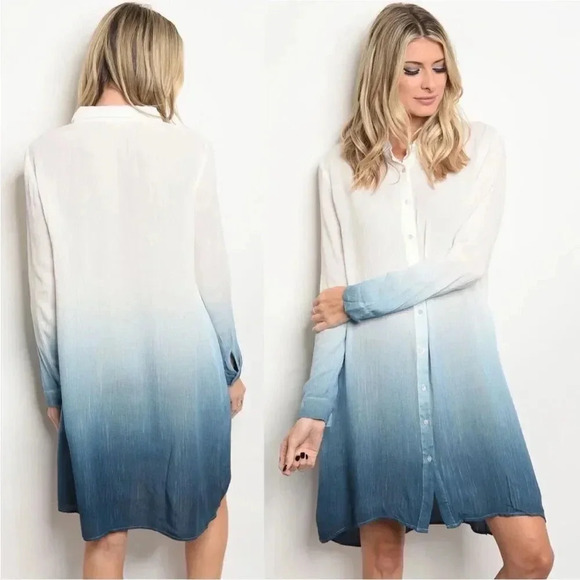 ODDY Tops - LONG BREAK AWAY BUTTON DOWN TOP WITH POCKETS BLUE DENIM/WHITE RAYON SIZE MEDIUM
